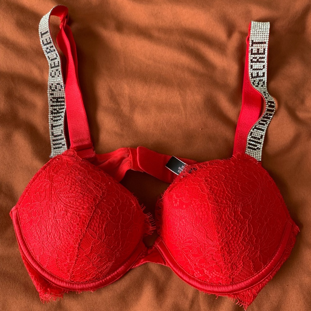 Victoria Secret woman’s bra, 34C, push up, red, sparkly straps, barely used.